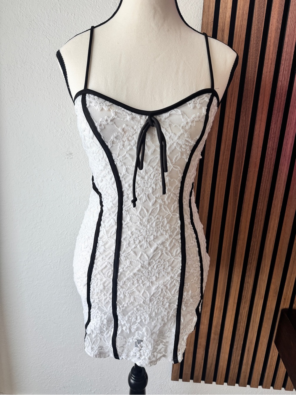 White Lace Mini Dress with Black Trim